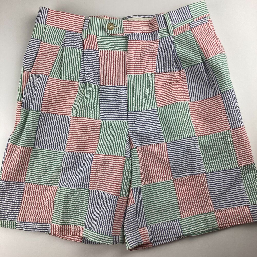 Berle Seersucker Patchwork Shorts Mens 32 Red Blue Green Cotton Preppy